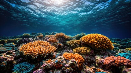 Obraz premium Vibrant coral reef underwater, sunlit surface