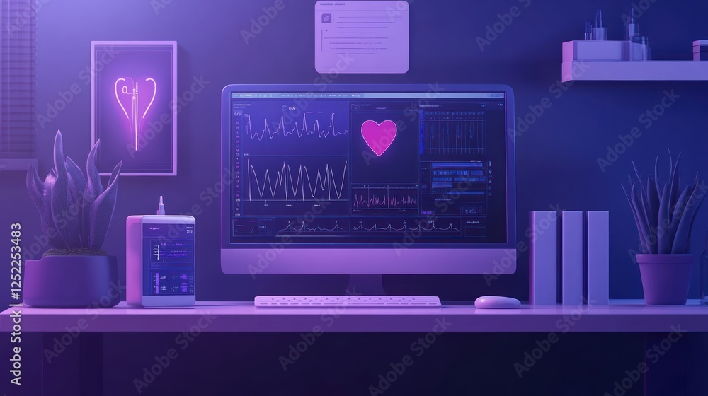 Poster night workspace with computer showing heart rate monitor data.