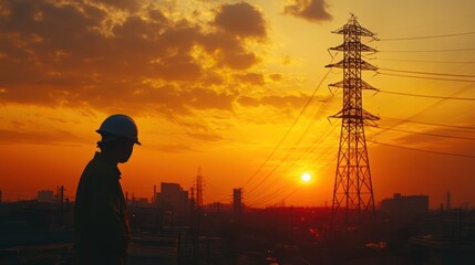 Fototapeta premium Silhouette of engineer at sunset by power lines.