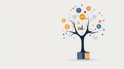 A stylized tree with financial icons representing growth and data analysis.