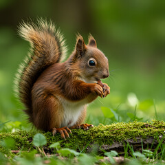 Fototapeta premium Red Squirrel Eating on Mossy Log in Forest
