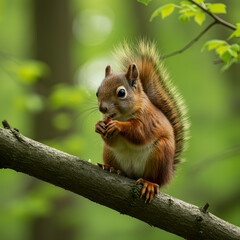 Obraz premium Squirrel Eating on Tree Branch in Forest