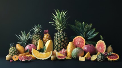 Vibrant Arrangement of Exotic Fruits on a Dark Background