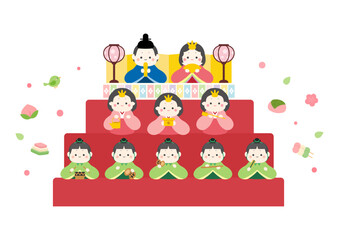 ひな祭りのイラスト　かわいい雛人形の三段の壇飾りとひし餅や桜餅　春3月の行事のベクターイラスト