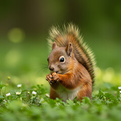 Red Squirrel Eating Nut in Green Grass