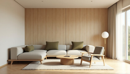 Fototapeta premium Contemporary Office Lounge with Minimalist Furniture, Floor-to-Ceiling Windows, and a Scenic City View