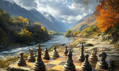 Autumnal mountain chess game by river. Strategy, nature, competition, landscape, planning