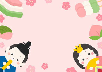 ひな祭りのかわいいフレーム、ひな人形と花とひし餅や桃や桜餅02