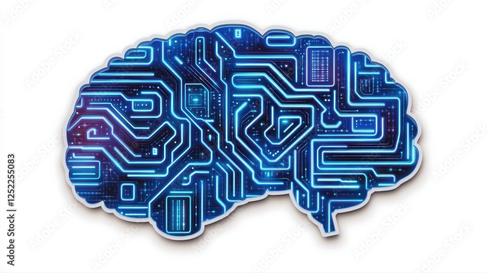 Poster futuristic brain design with circuit board patterns and blue glow