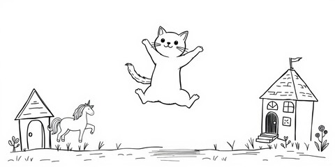 Children's doodles of kids playing and jumping, painted houses, unicorns, cute cats, and other black and white elements on a white background, jumping, black and white, vector illustration