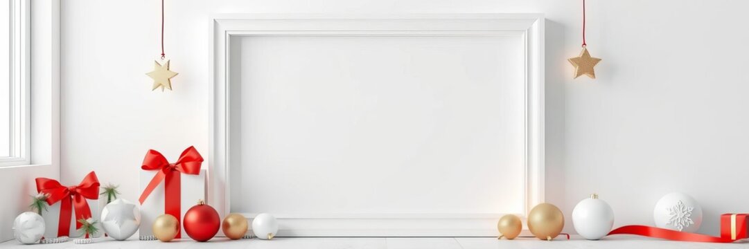 Christmas themed interior with festive decorations, featuring a blank white picture frame ready for customization and showcasing holiday memories, celebration, Christmas, 3D rendering