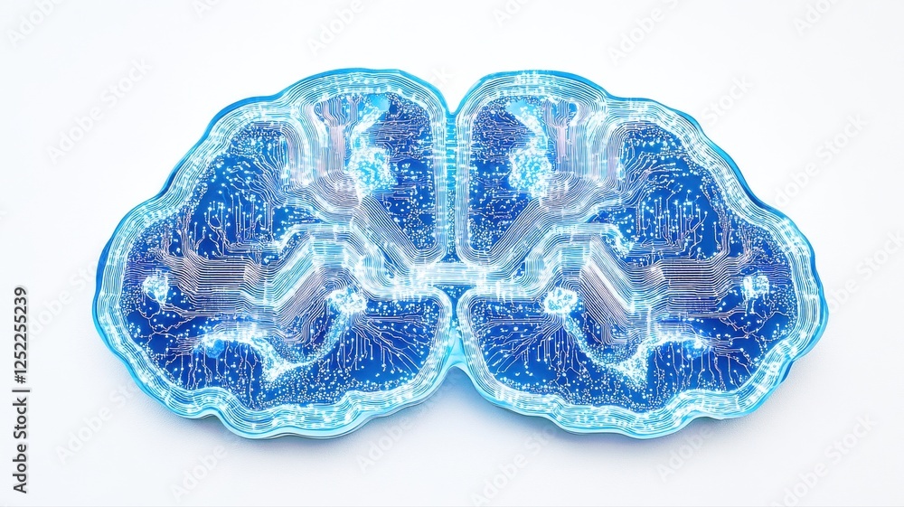 Poster digital representation of a brain with circuit patterns and lights