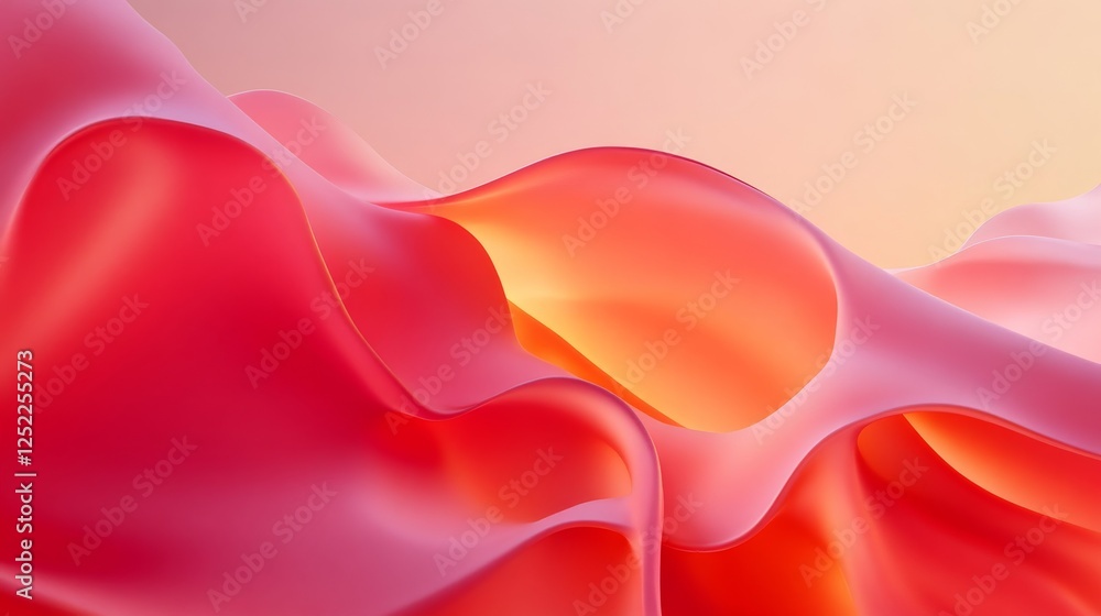 Poster abstract flowing red and orange fabric shapes with soft lighting, artistic background. modern design