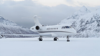 Private jet on snowy runway, mountains background