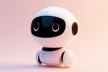 Friendly AI chatbot robot with minimalist design and expressive face isolated on a colorful background