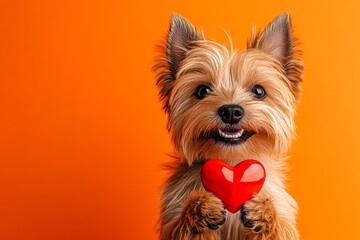 Naklejka premium Cute cairn terrier pup with diamond red heart - emblem of love, funny greeting card. Cairn terrier - my cherished dog. Ad conceptual art. Red hearts and pets. Red heart and cute dog. Red hear.