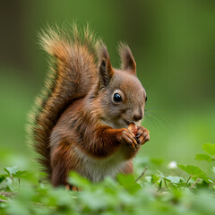 Obraz premium Red Squirrel Eating Nut in Green Forest Environment