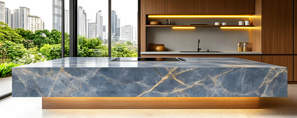 Modern kitchen island, city view