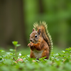 Obraz premium Red Squirrel Eating Nuts in Green Forest