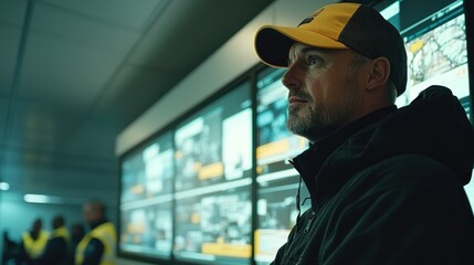 Man in cap observing large digital displays.