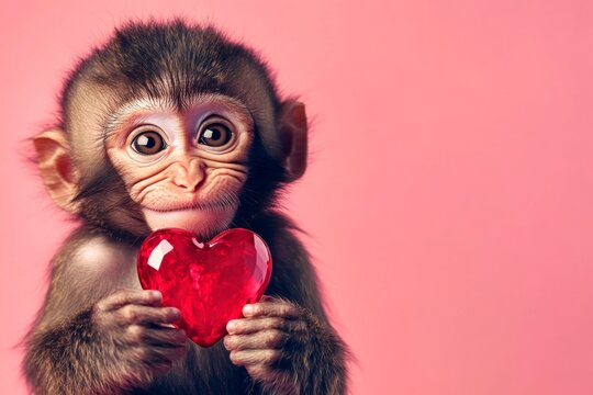 Macaque - my cherished animal. Cute macaque baby with diamond red heart - emblem of love, funny greeting card. Digital ads conceptual art. Ad conceptual art. Cute animal hearts valentines.