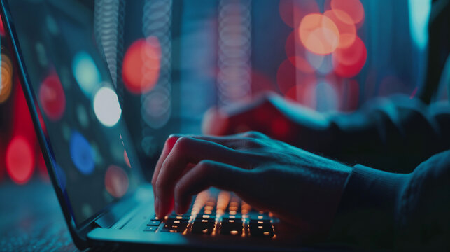 Hands typing on illuminated laptop keyboard in dark environment with bokeh lights, creating atmospheric cybersecurity or hacking scene with red and blue color scheme. - Powered by Adobe