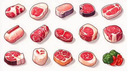 Assorted cuts of raw meat and vegetables.