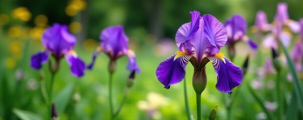 Deep purple irises blooming in a lush garden bed among greenery, botanicals, greenery