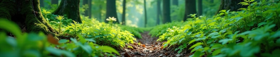 Forest floor covered in ferns and wildflowers, leaves, undergrowth