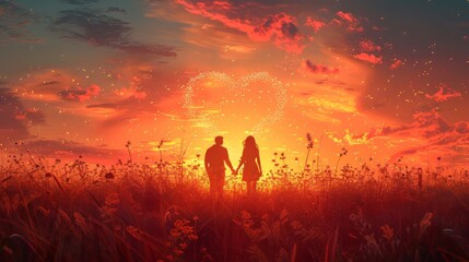 Couple Holding Hands in Field of Flowers Under Heart-Shaped Sunset, Love and Romance Concept