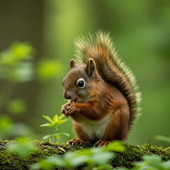 Obraz premium Squirrel Eating Nut on Mossy Log in Forest