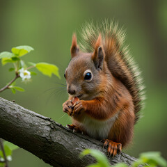 Fototapeta premium Red Squirrel Eating on Tree Branch in Forest