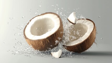 Fresh Coconut Halves with Splashing Water and Bright Background
