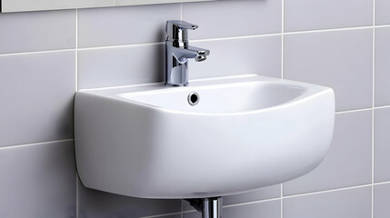 Fototapeta premium Wall-mounted bathroom sink with chrome faucet