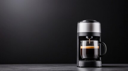 Coffee maker brewing espresso into a glass mug on dark background