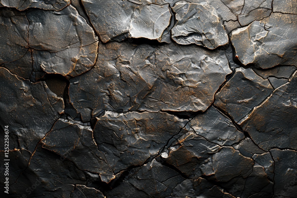 Poster textured black cracked surface with deep grooves and natural patterns for unique background and desi