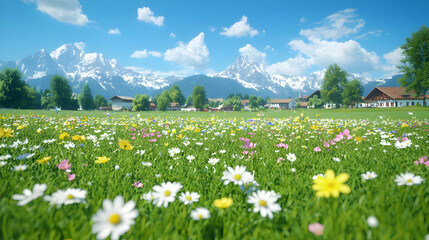 Fototapeta premium Alpine meadow wildflowers, village, mountains. Postcard, tourism