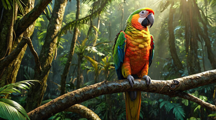 Obraz premium Majestic macaw parrot, perched on a tree branch in a vibrant tropical rainforest, showcasing its colorful plumage and the lush greenery of its natural habitat.