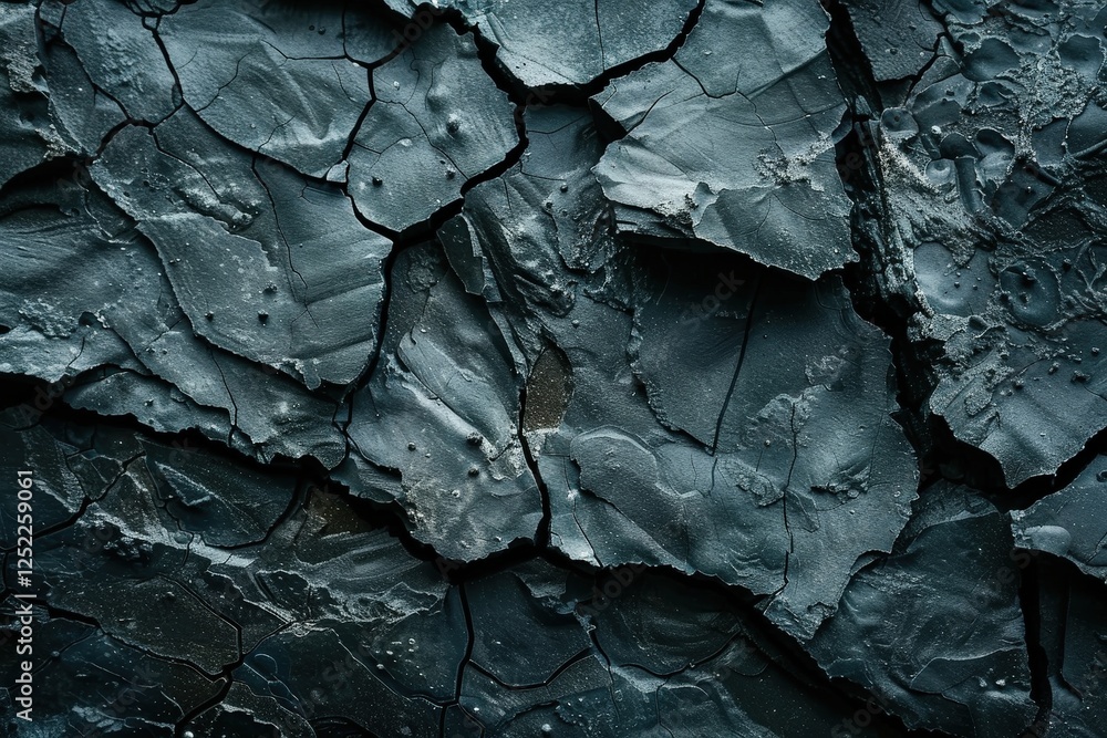 Poster close-up of cracked black surface with textured patterns and organic lines for abstract backgrounds 