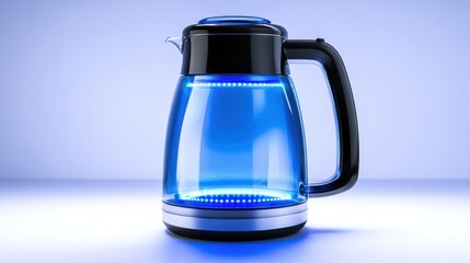 Illuminated glass kettle, kitchen appliance, blue light, modern design, website product image