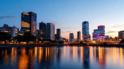 Obraz premium Vibrant city skyline at dusk with reflections in water, showcasing urban life and tranquility