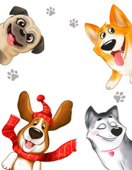 Creative rectangle dogs frame with text place. Pug, Basset hound, Husky, Corgi