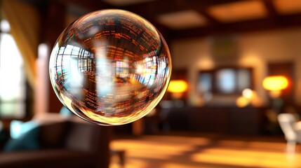 Floating bubble reflecting a cozy interior with warm lighting and furniture in the background