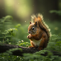 Obraz premium Squirrel Eating on Log in Forest with Green Leaves