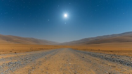 Desert road under starry night, moonlit landscape, travel adventure