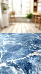 Blue marble table, bright kitchen