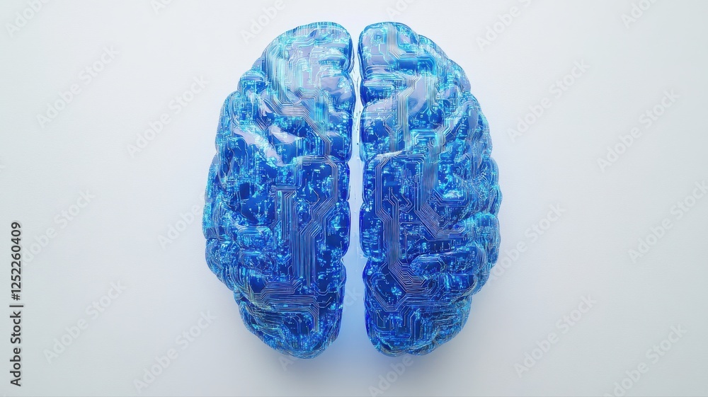 Poster futuristic blue brain design with circuit pattern on white background