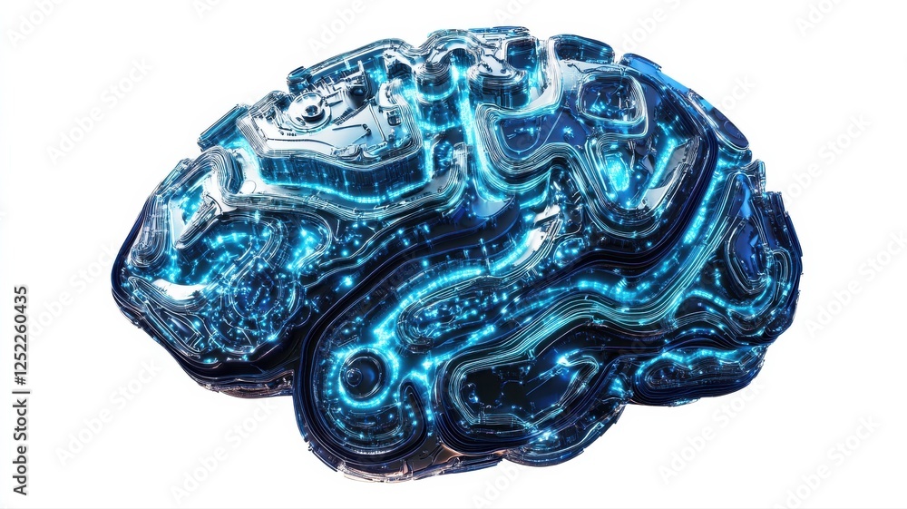 Poster futuristic digital brain design with blue glow and abstract patterns
