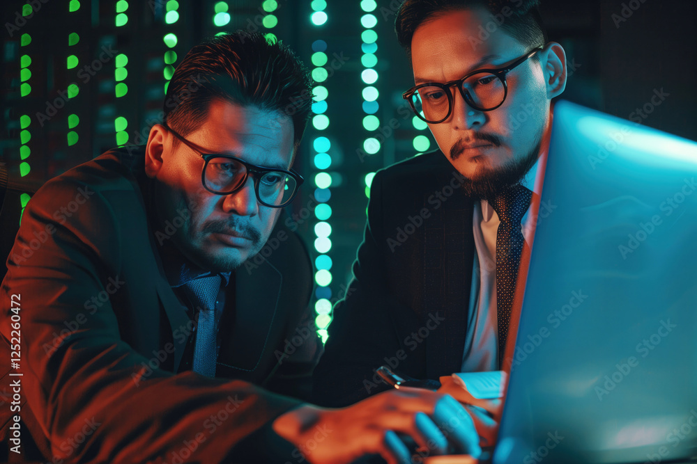 Aufkleber cybercrime analysis team studying digital evidence on multiple holographic displays in high tech inv