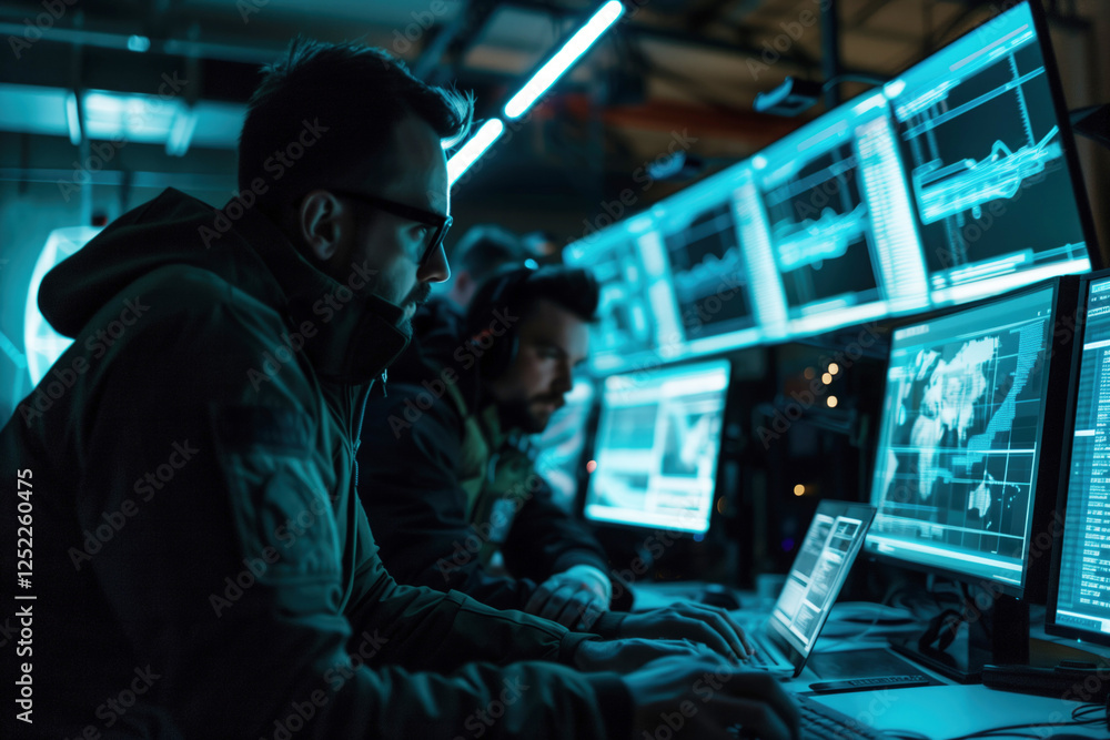 Aufkleber cybercrime analysis team studying digital evidence on multiple holographic displays in high tech inv